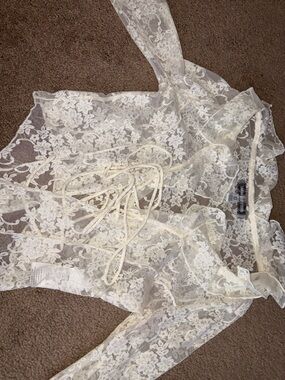 Urban Sheer Lace Tie-Front Top in Ivory